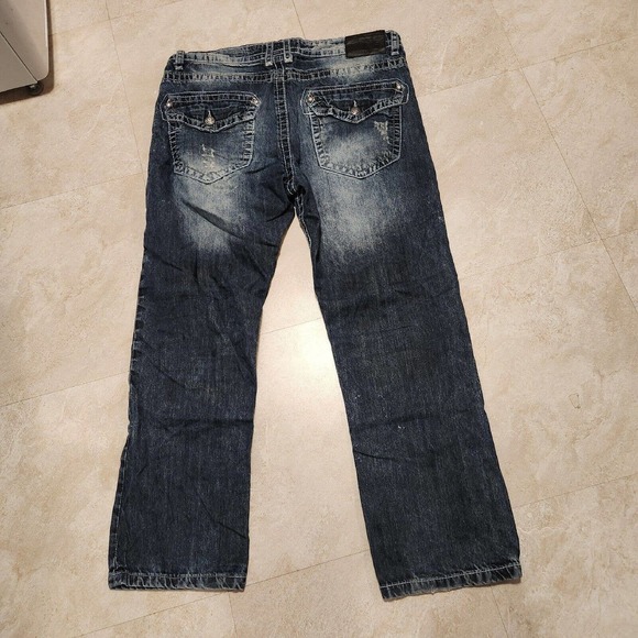 Smoke Rise Mens 38x30 DISTRESSED HipHop Embroidered Skater Jeans Streetwear Wide - Picture 9 of 11